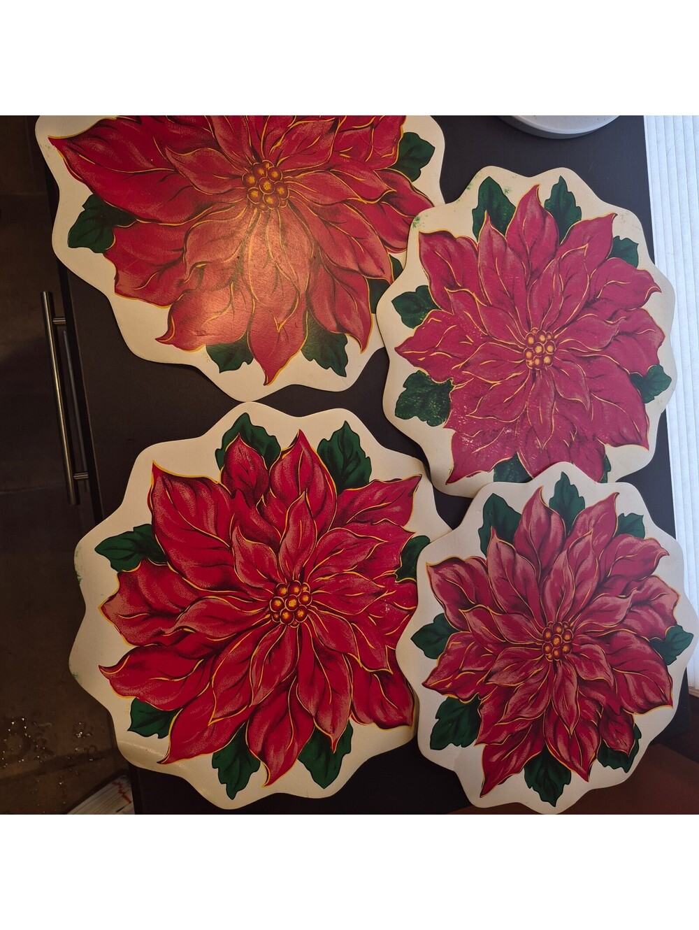 Vintage Trim-A-Home Die-Cut Vinyl Christmas Poinsettia Placemats - Set of 4